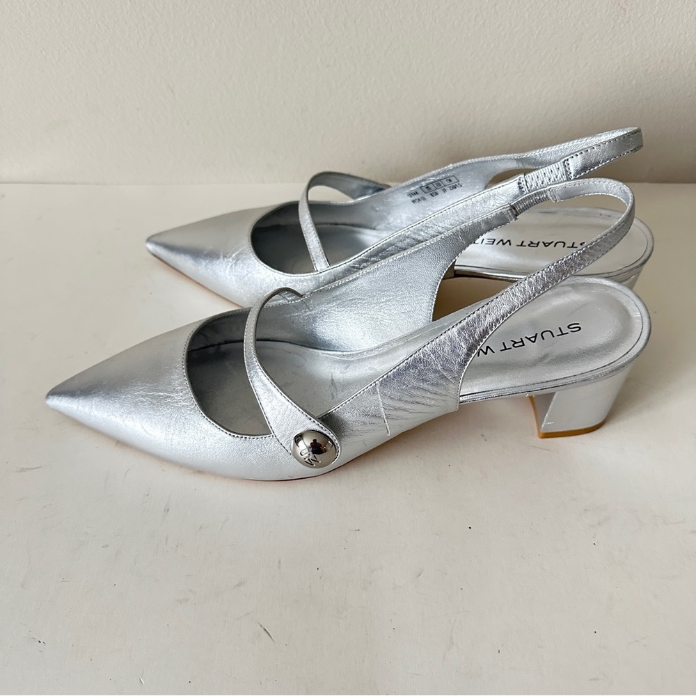 Stuart Weitzman Dede Woman's Silver Leather Pointed Toe Slingback Pumps, Sz 8.5